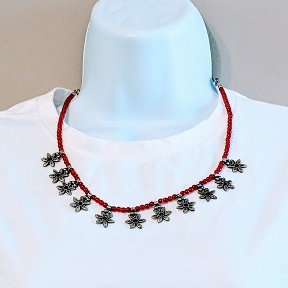 Necklace with Red beads and Flower Charms - Picture 1 of 8